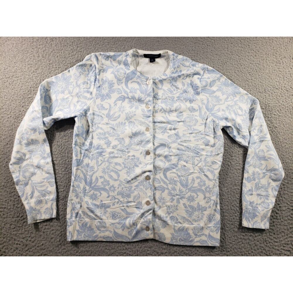 Lands End Sweater Women's Small Blue White Cardigan Long Sleeve Floral Cotton